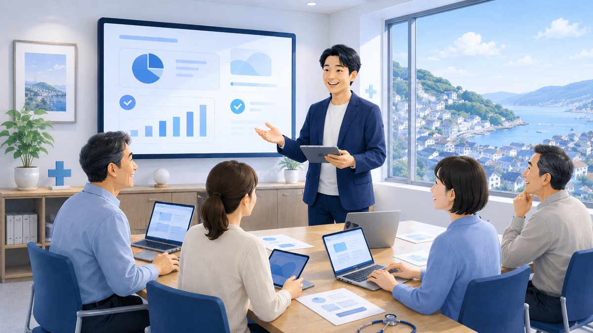 会議室で開かれる出張IT講座の様子。講師が地元の事業者に資料を見せながら説明している