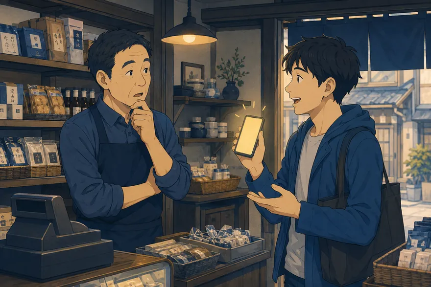 店内で、若い常連客がスマートフォンの明るい画面を見せながら経営者に話しかけ、経営者が顎に手を当て考え込んでいるイメージ。